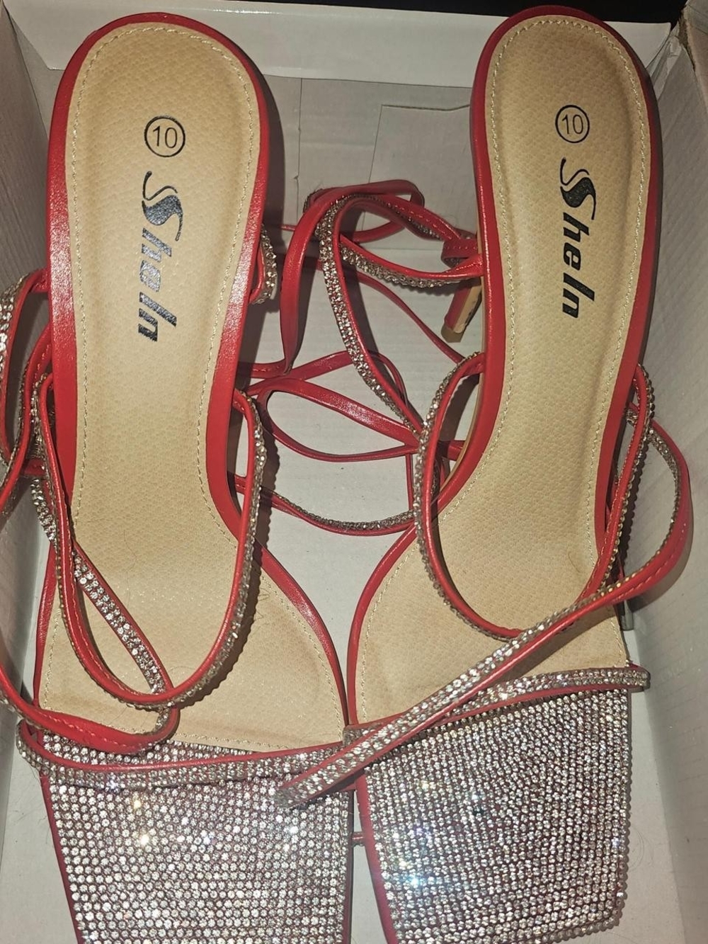 SHEIN Red Rhinestone-Strap Square Toe Block Heels